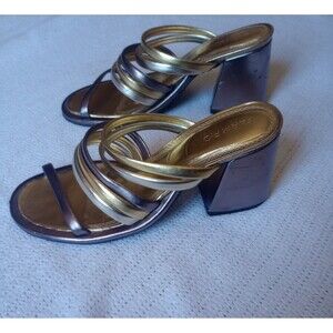 Farm Rio, Brazil, Women's 8 Gold/Silver Block Heel Strappy Slide Sandal